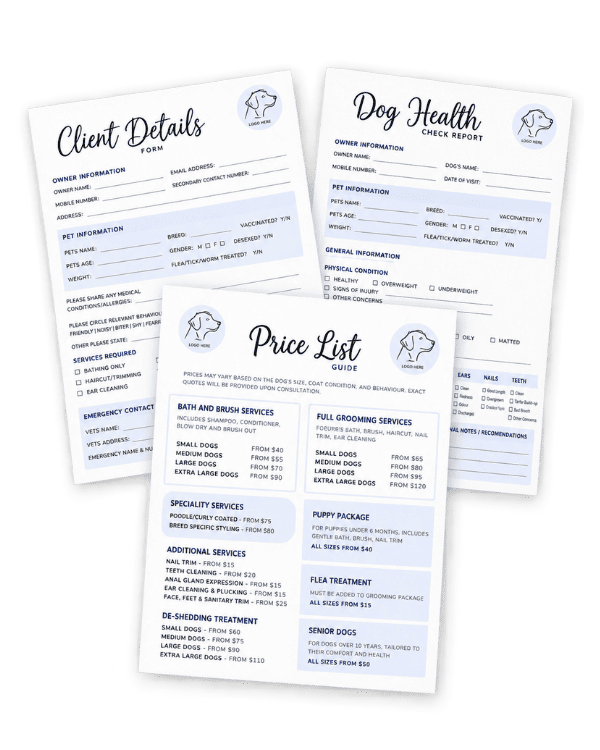 Dog grooming business templates included with the course